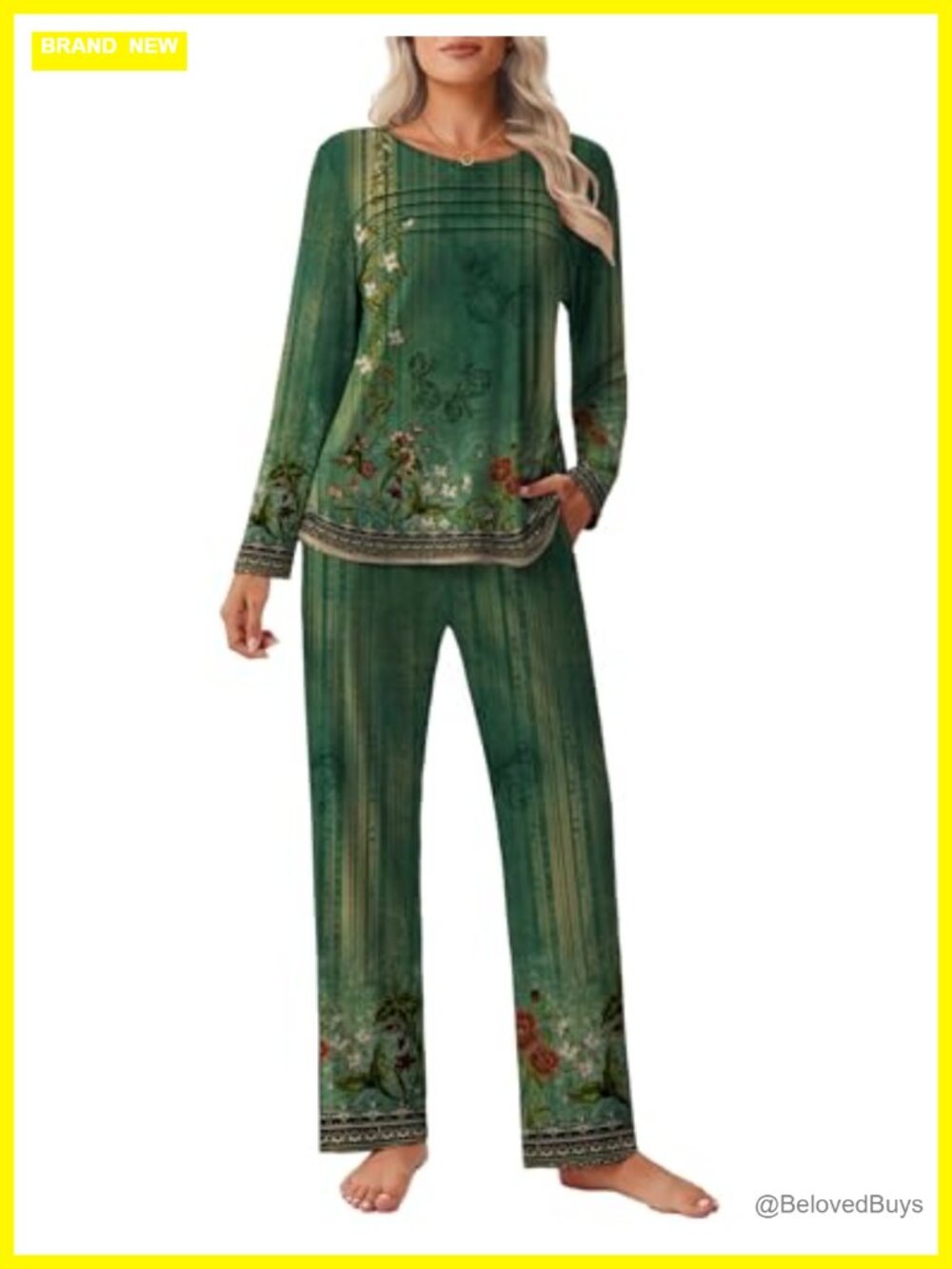 Ekouaer Women's 2-Piece Pajama Set Pleated Long Sleeve Lounge Set